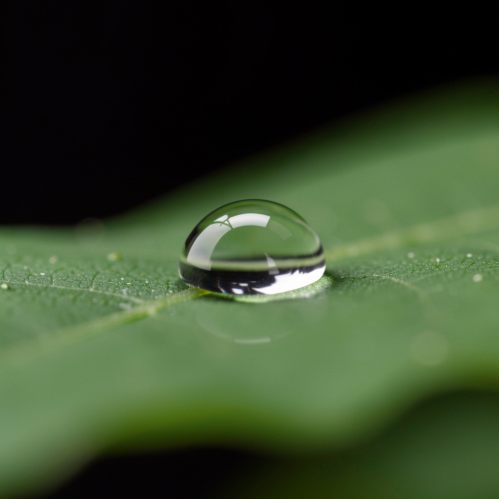 Gota de agua cristalina sobre superficie de hoja verde con reflejo brillante y fondo oscuro difuminado, fotografía macro minimalista