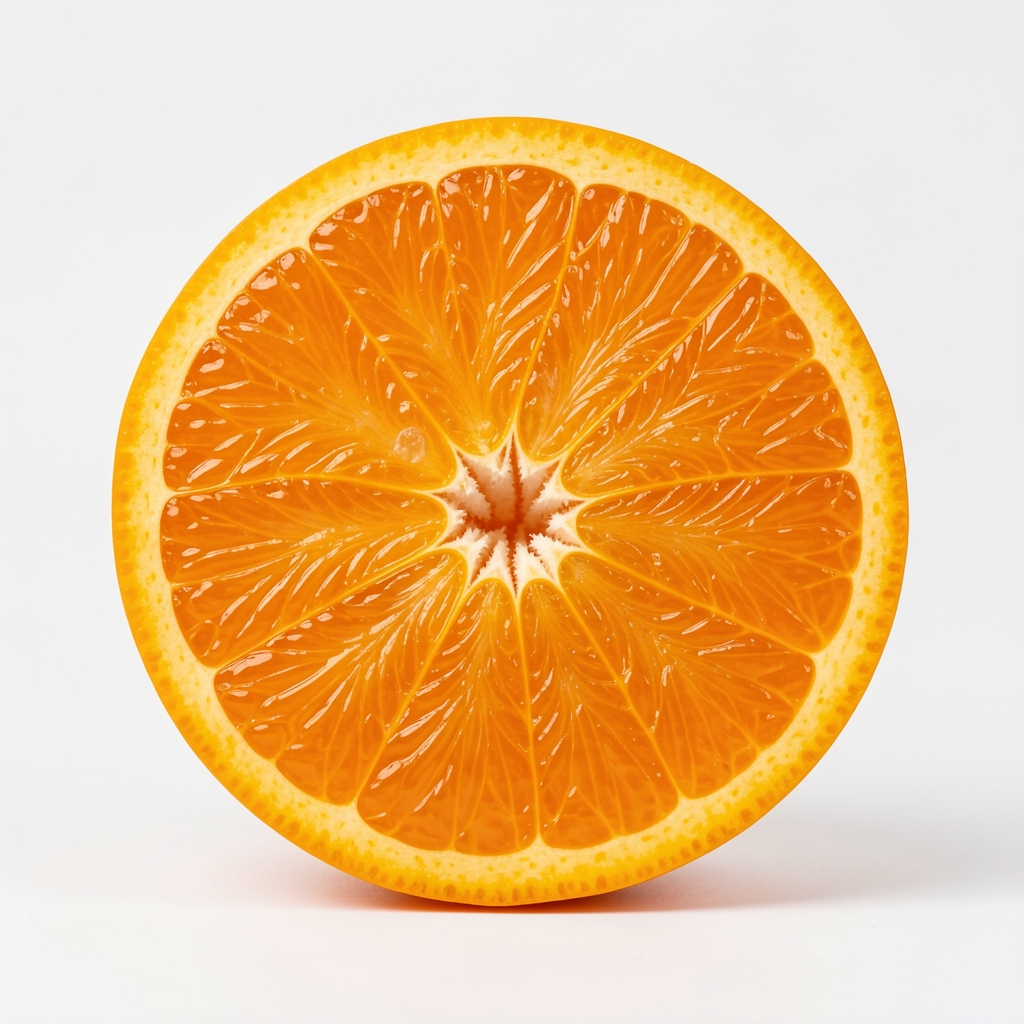 Corte transversal de naranja con pulpa brillante de color naranja intenso sobre fondo blanco neutro, fotografía de estudio con luz difusa