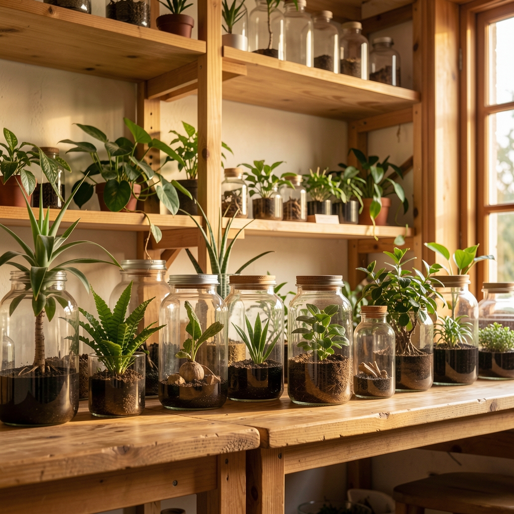 Laboratorio botánico con plantas y muestras naturales en frascos de vidrio transparente sobre estantería de madera, iluminación cálida de ambiente