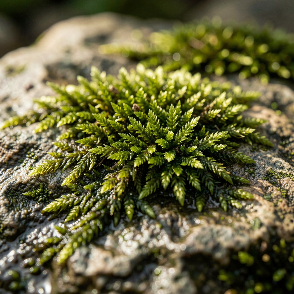 Textura macro de musgo verde sobre piedra húmeda con luz lateral que resalta la profundidad y rugosidad natural de la superficie